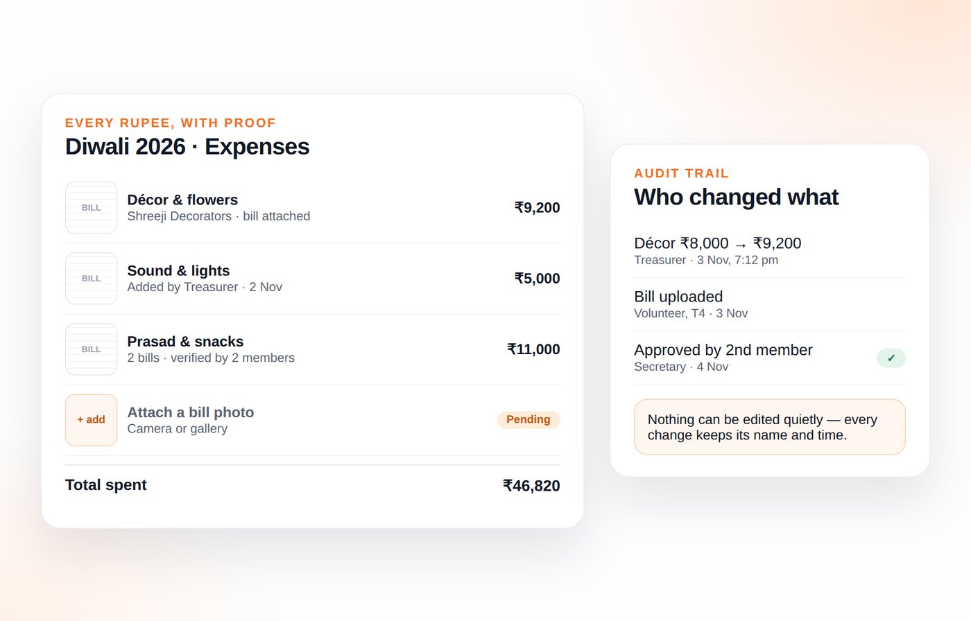 Expense list with bill photos attached and an audit trail of edits