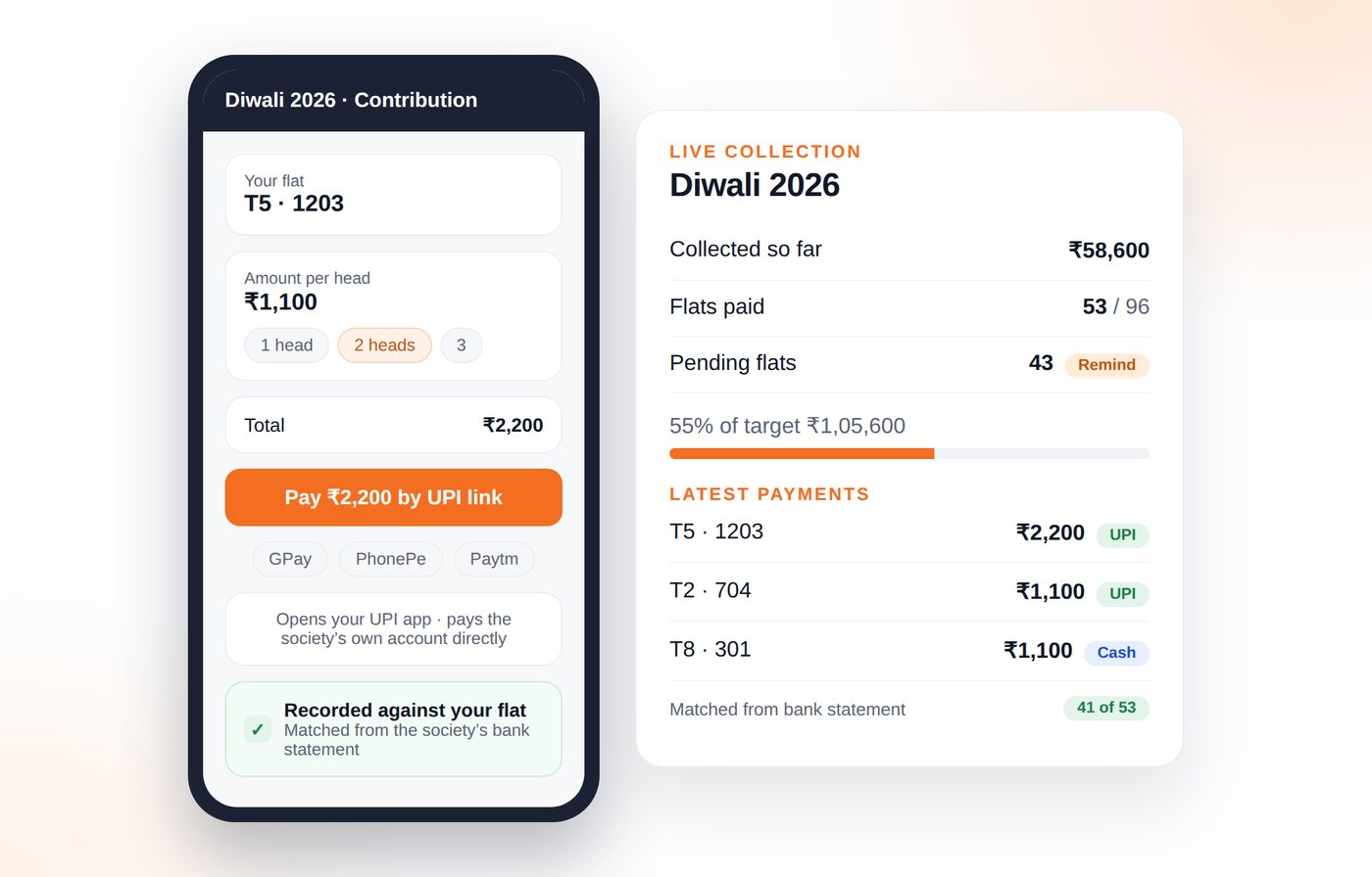 Resident paying a festival contribution by UPI beside a live collection summary